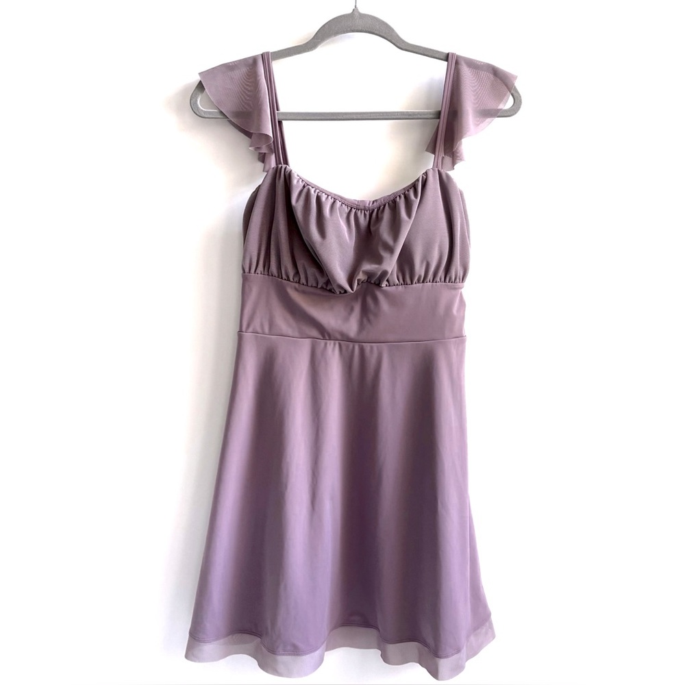 Halara Airy Softlyzero Ruffle Backless Lace Up Mesh Flare Mini Dress Elderberry - Picture 3 of 17